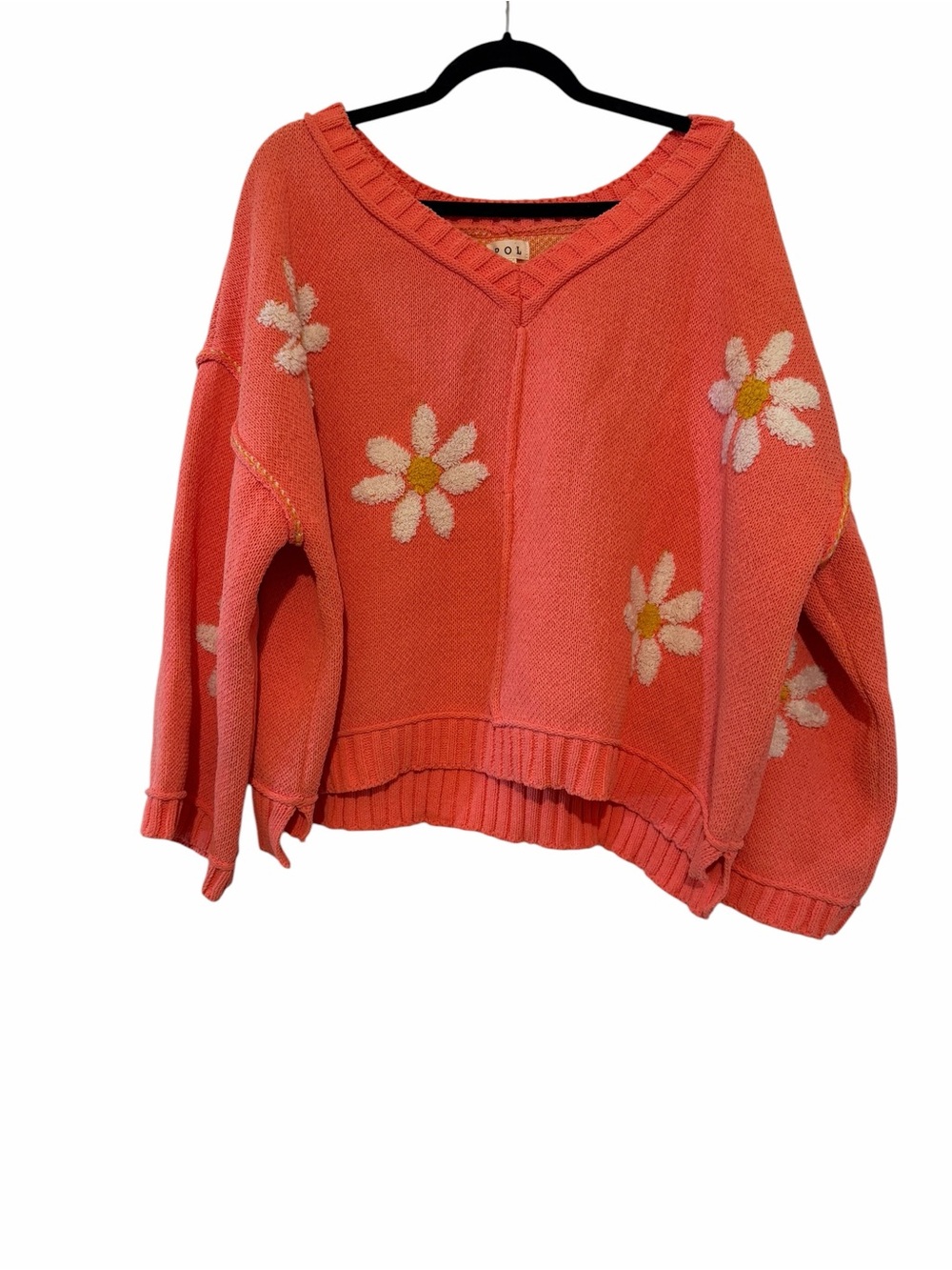 POL Coral Daisy Knit Oversized Sweater V-Neck Floral Boho Size Large